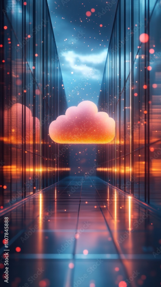 Poster a glowing cloud icon hovers in a futuristic server room, representing the concept of cloud computing