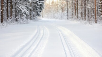 Fototapeta premium Snowy winter forest path with tire tracks leading through white snow and tall trees against a soft sunlit backdrop for seasonal design, outdoor lifestyle or weather themes, space for text