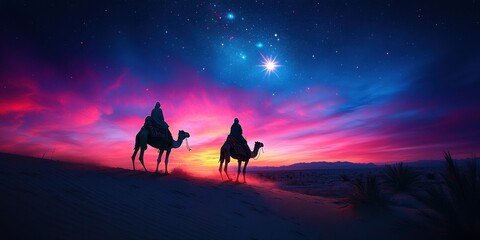 Majestic sunset over desert dunes with travelers riding camels under a starry sky. Jesus child born - Radiant star 