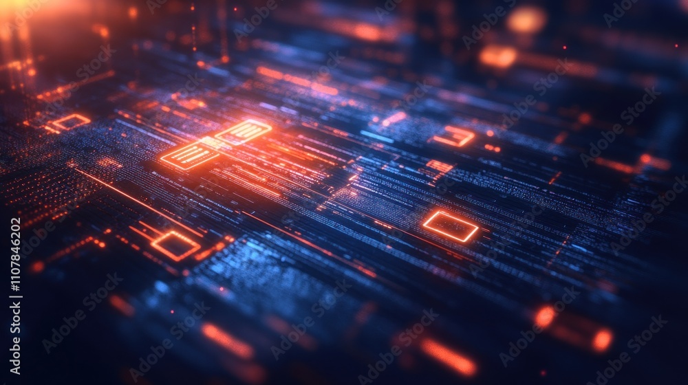 Poster abstract digital data stream with glowing lines and squares on a dark background.