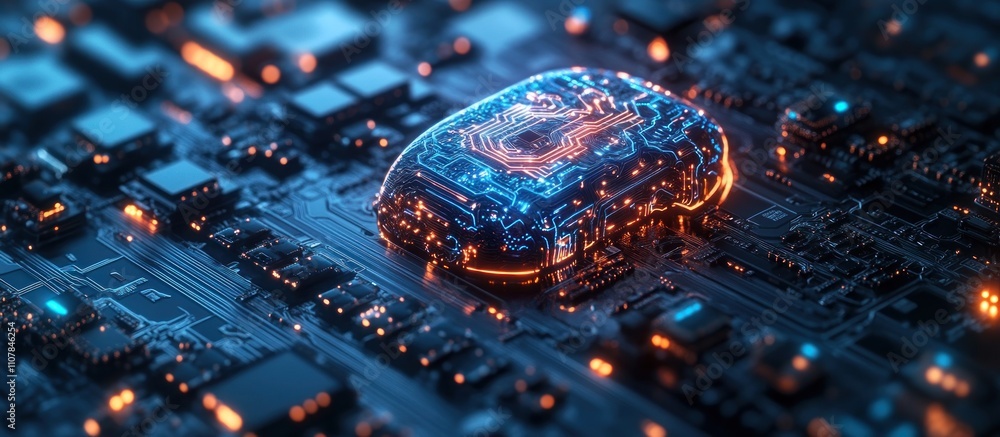 Aufkleber a glowing brain-shaped microchip sits on a circuit board, representing the future of technology.