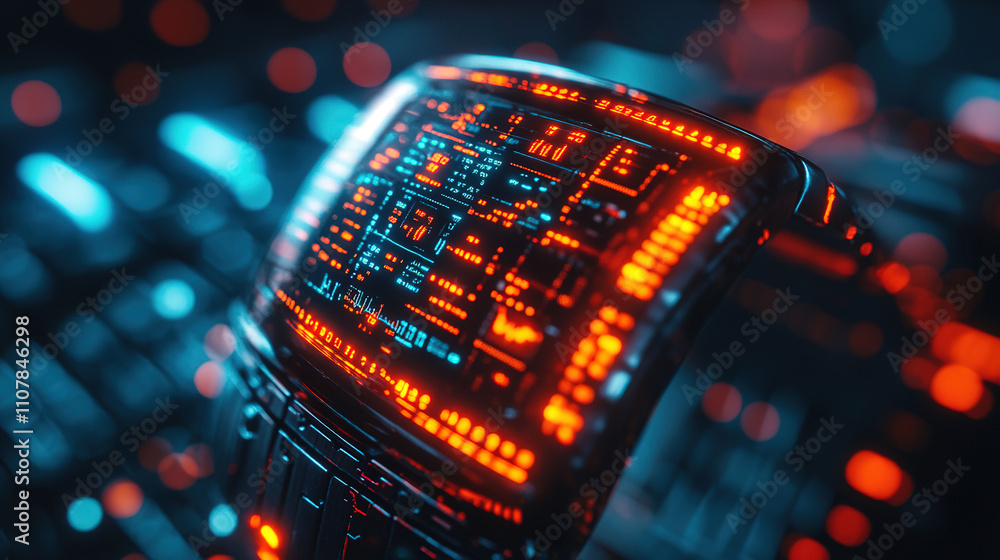 Aufkleber futuristic digital watch displaying vibrant neon patterns in a high-tech environment during nighttim