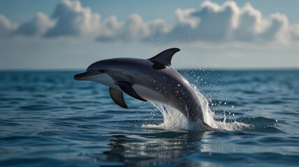 Obraz premium Dolphin leaping from ocean water, splashing, under a partly cloudy sky.