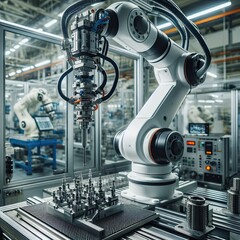 Fototapeta premium Advanced robotic arm in an industrial setting, performing delicate precision tasks