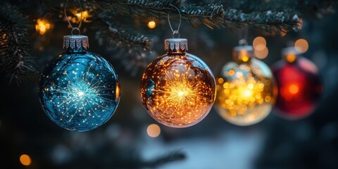 Obraz premium Colorful Christmas ornaments hang delicately on evergreen branches, reflecting the warm glow of holiday lights as evening settles in