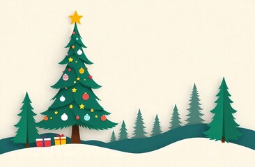 Obraz premium Christmas card in the paper cut style. Illustration for promotional banner for New Year sale. Space for text. Advertising December holidays. Copy space. Christmas tree in snow with present. Landscape