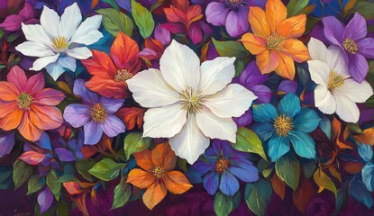 Obraz premium Vibrant Floral Composition Featuring Colorful Blossoms in Various Shades of White, Purple, Orange, Blue, and Green Set Against a Rich Background for Artistic and Nature Lovers
