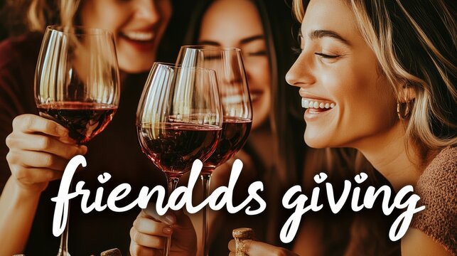 Group of friends joyfully clinking glasses of wine at a Friendsgiving dinner, highlighting moments of connection, friendship, and shared joy during the celebration.