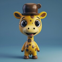 Fototapeta premium A cheerful cartoon giraffe wearing a brown hat, designed in a playful, vibrant style.