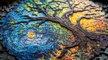 An intricate round puzzle featuring a large tree with branches sprawling across a vibrant background, resembling a kaleidoscope of colors and patterns.