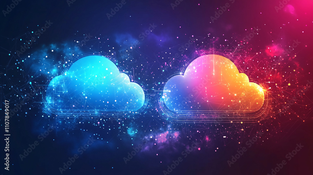 Aufkleber colorful digital clouds representing technology and data storage in a cosmic setting during nighttim