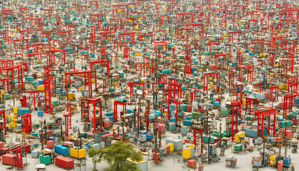Fototapeta premium Aerial view of a massive container port, showcasing vibrant colored shipping containers and red gantry cranes in a dense, complex arrangement.