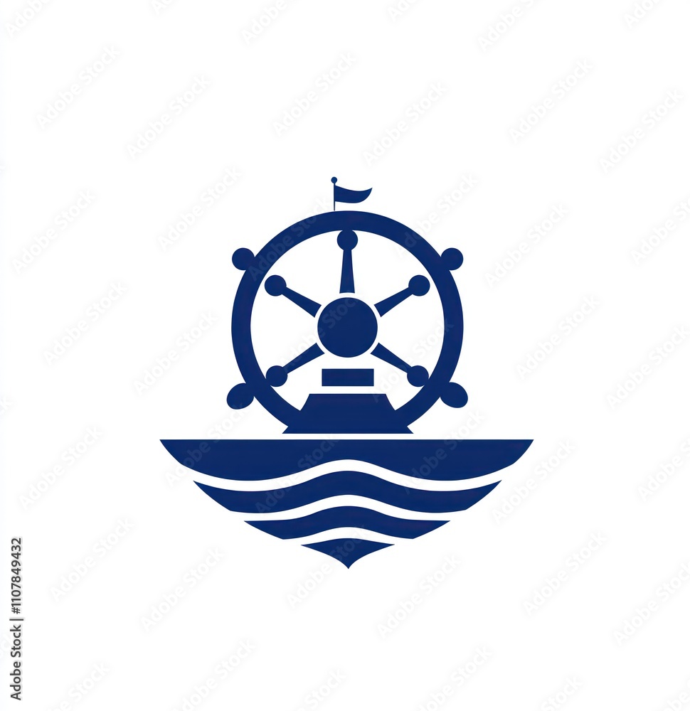 Poster here's a and keyword list for your image.. nautical wheel emblem on ocean waves.