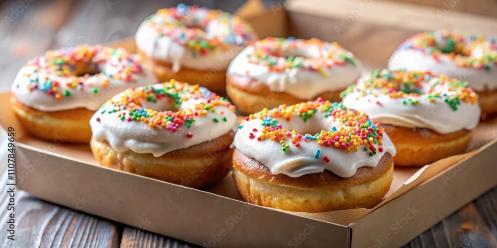 Poster a box of freshly baked donuts with white frosting and colorful sprinkles, ready to be devoured