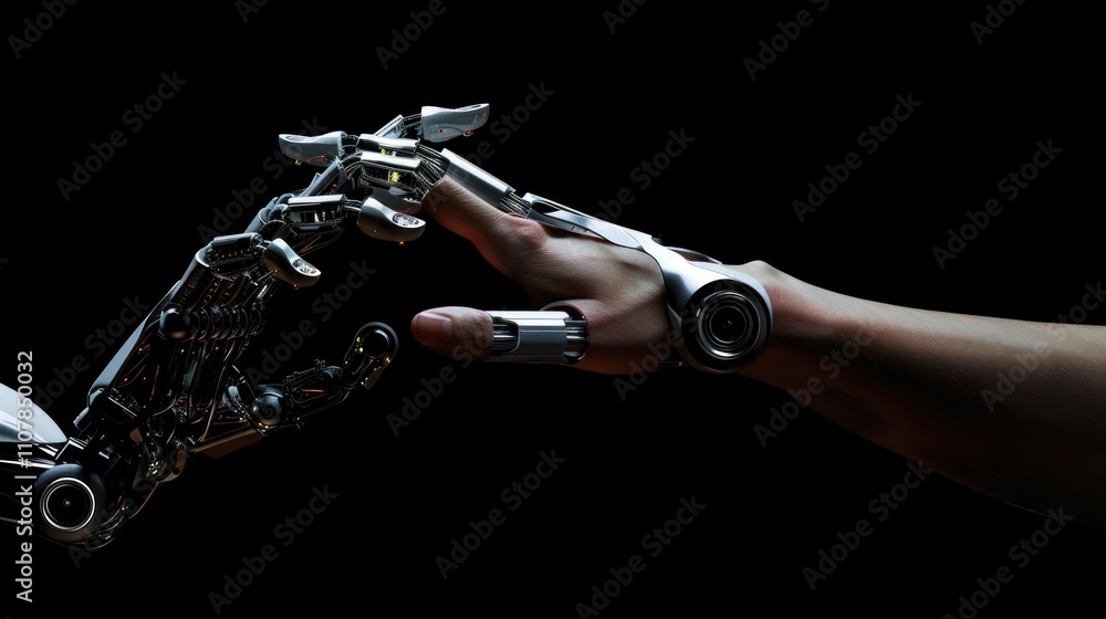 Poster photograph of the robot's hand touches the human hand on a black background. the concept of helping 