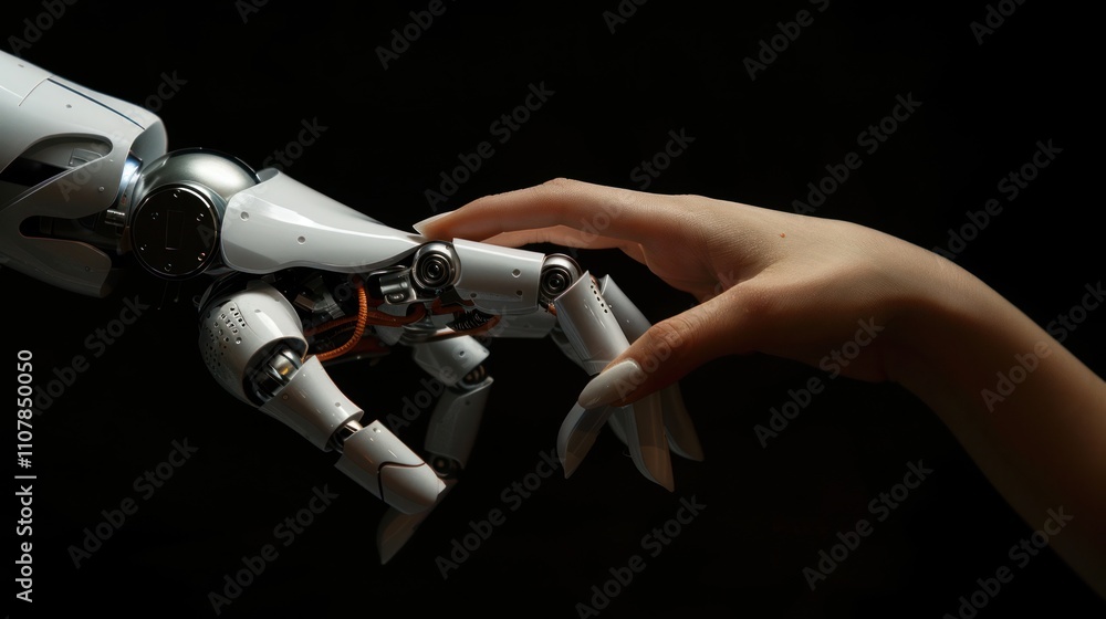 Poster photograph of the robot's hand touches the human hand on a black background. the concept of helping 