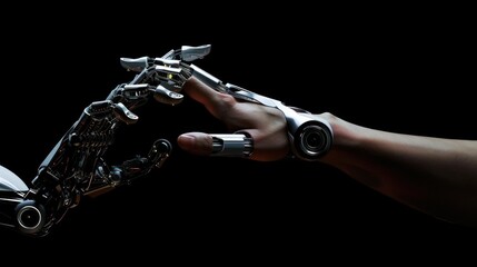 Naklejka premium photograph of the robot's hand touches the human hand on a black background. the concept of helping artificial intelligence to people. development of AI technologies and robotics.