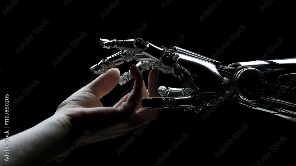 Poster photograph of the robot's hand touches the human hand on a black background. the concept of helping 