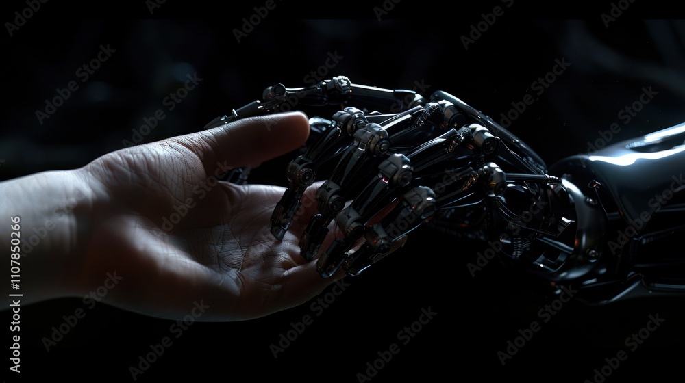 Poster photograph of the robot's hand touches the human hand on a black background. the concept of helping 