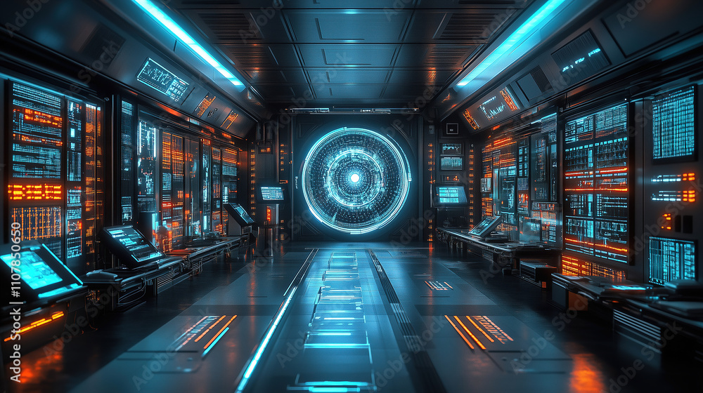 Aufkleber futuristic control room with glowing screens and digital displays in a sci-fi setting. generative ai