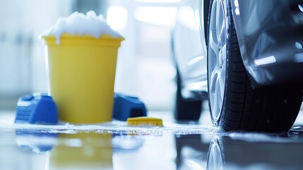 A bucket with soap foam and car cleaning tools placed near a car on a white background.