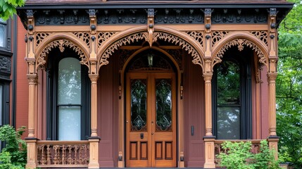 A close-up of a wooden main door with intricate details, framed by a gabled porch and sturdy columns, enhancing the Georgian-style architecture.