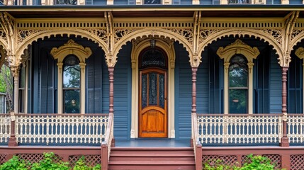 Obraz premium A close-up of a wooden main door with intricate details, framed by a gabled porch and sturdy columns, enhancing the Georgian-style architecture.
