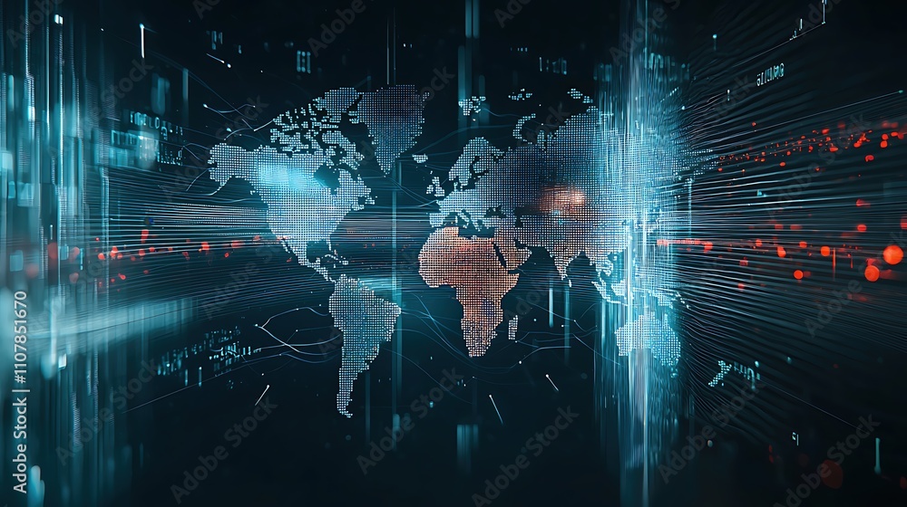 Poster digital world map with data visualization elements