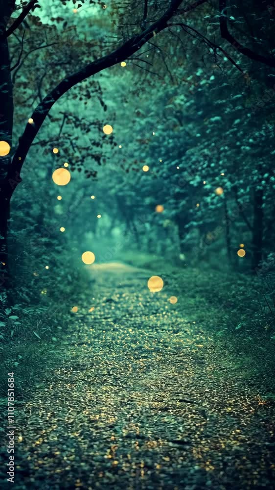 Aufkleber magical pathway illuminated by glowing orbs in a tranquil forest during twilight hours