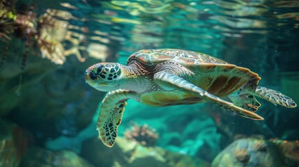 Obraz premium photograph of turtle, animal, sea, reptile, underwater, nature, blue, tortoise, green, water, brown, 