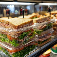 Refrigerated sandwiches on a shelf for lunch, Delicious Deli Sandwiches on Display at a Local Bakery, Freshly made deli sandwiches on display. Concept of lunch, fast food, and convenience.

