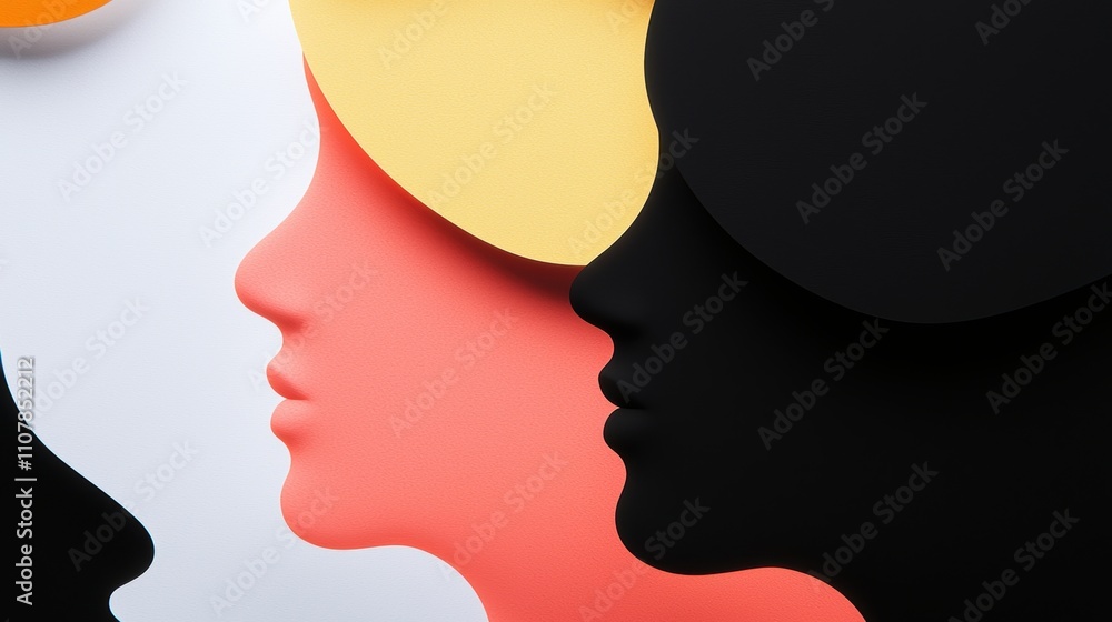 Poster the image features abstract profiles of faces in various colors, showcasing a modern and artistic de