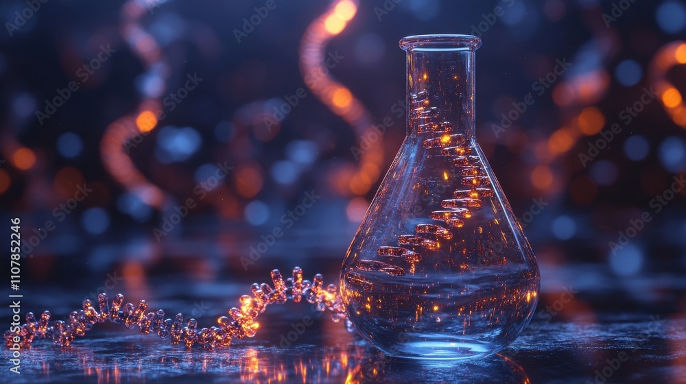 Poster conical flask and dna 3d rendering