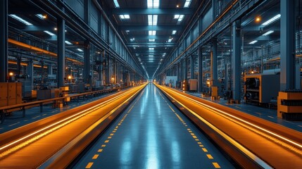 Fototapeta premium contemporary sandwich panel production line with thermal insulation in the workshop are machine tools an overhead crane and a roller conveyo