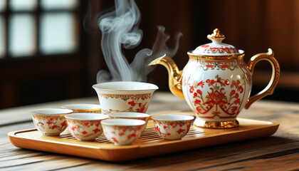 Traditional teapot and cups, porcelain teapot with red and gold patterns into matching cups