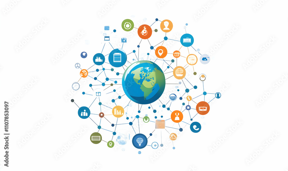 Poster Global network connection, illustrating interconnectedness of various industries and data, symbolized by a world map at the center of a network of icons.