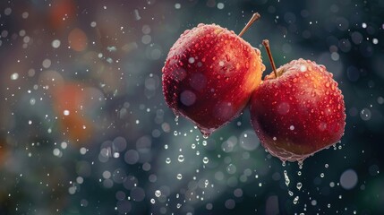 photograph of Two red apples flying in the air with water drops on background.