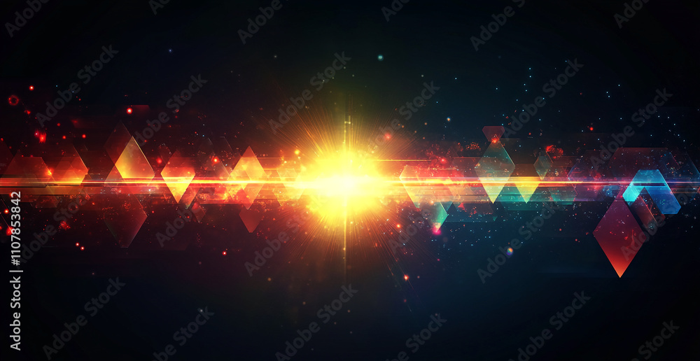 Poster Vibrant abstract light beams and geometric shapes create an energetic visual effect against a dark background