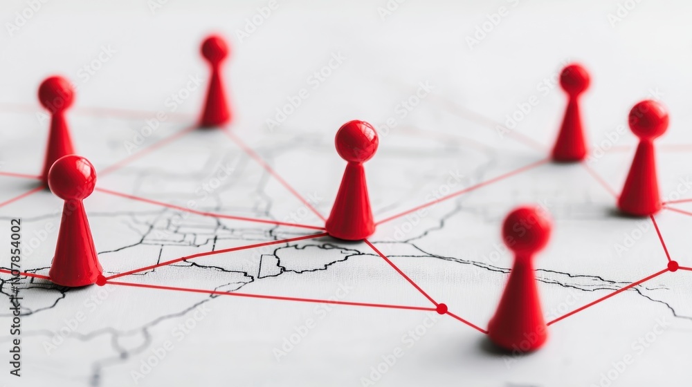 Poster a close-up of red game pieces connected by lines on a map, symbolizing networking, strategy, and col