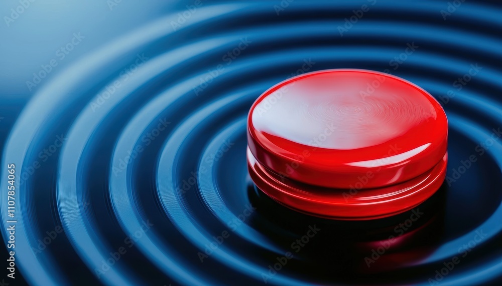 Poster a glossy red button sits at the center of circular ripples on a blue surface, creating a striking vi