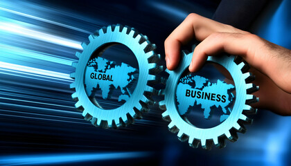 Interlocking gears depicting "Global Business," showcasing global interconnectedness and the drive of international commerce.  A hand manipulates the gears, symbolizing control and strategic movement.