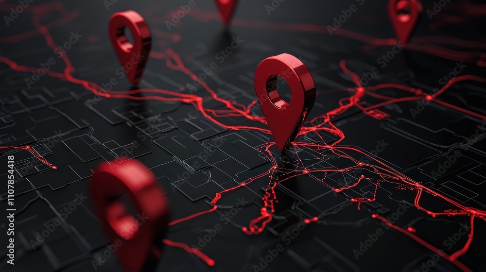 Poster a 3d illustration of red location markers on a dark map background, highlighting navigation and mapp