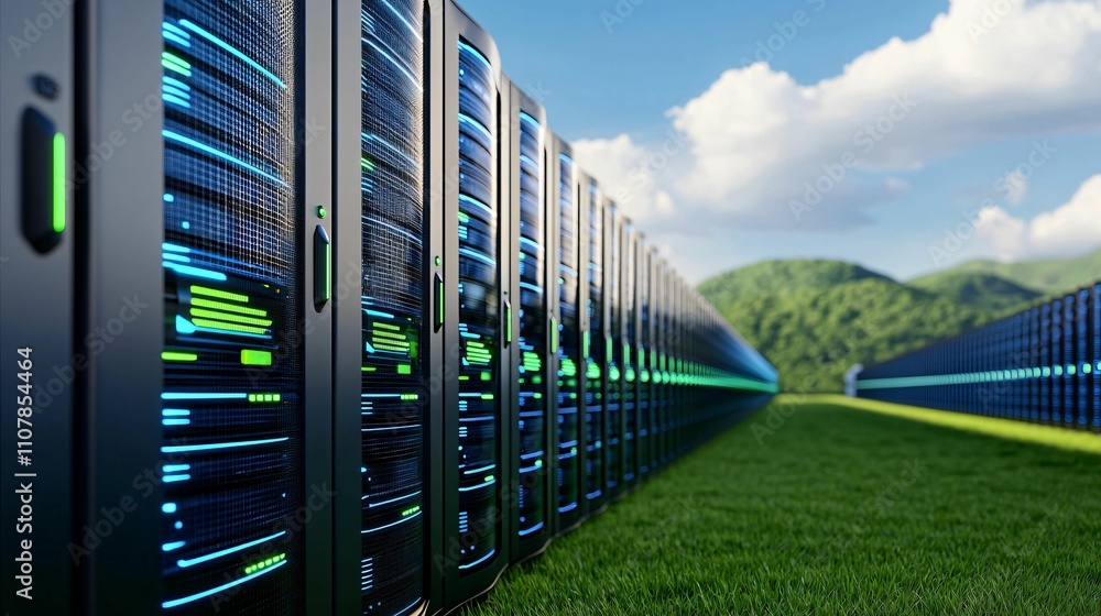 Poster renewable energy source security concept. data servers on green grass with mountains and clouds in t