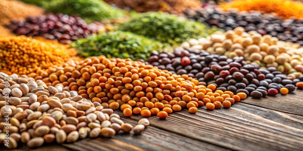 Poster A Rustic Tabletop Display of Various Dried Beans and Legumes, Representing a Diverse Array of Colors and Textures