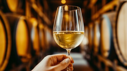 Obraz premium A person holding a glass of wine in front of a backdrop of wooden wine barrels