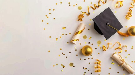 photograph of vertical light background for graduation invitation design. Graduation cap, diploma and gold confetti and streamers on a light white background with copy space for text.