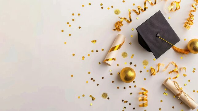 photograph of vertical light background for graduation invitation design. Graduation cap, diploma and gold confetti and streamers on a light white background with copy space for text.