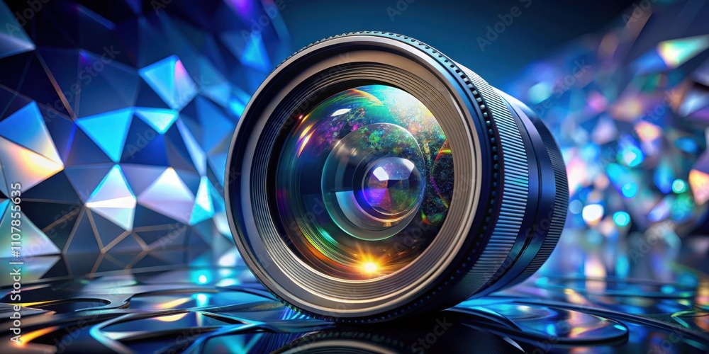 Poster A close-up of a camera lens with a blue and iridescent background, highlighting the intricate details of the lens and the depth of field