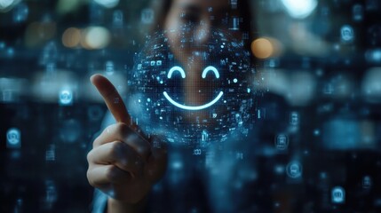 customer service and satisfaction concept business people are touching the virtual screen on the happy smiley face icon to give satisfaction in service rating very impresse
