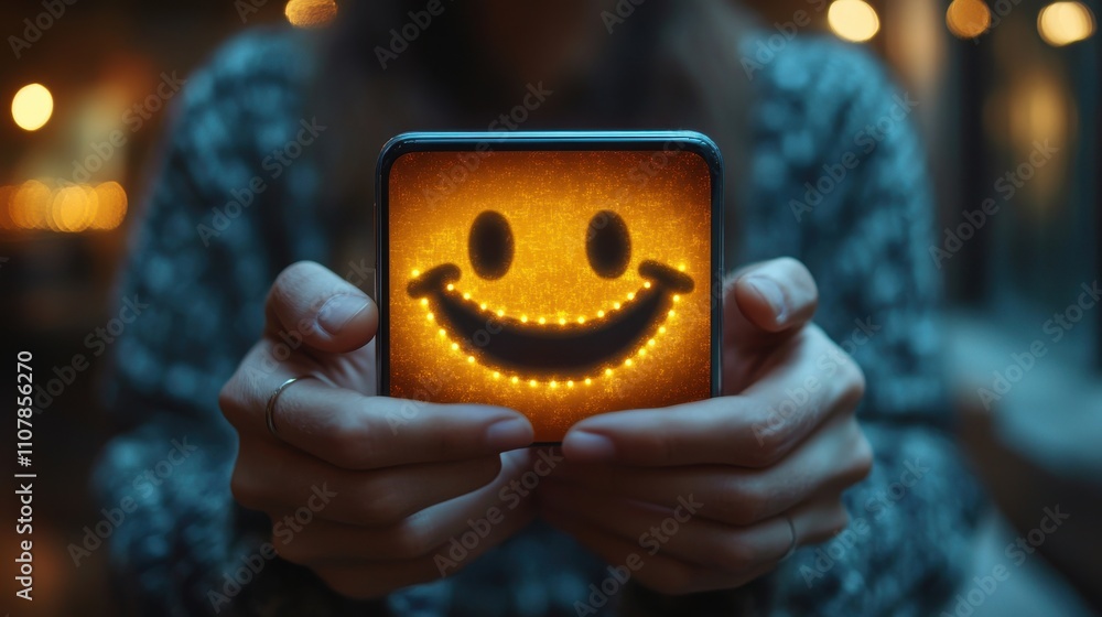 Poster customer service evaluation concept smiling man is using a smartphone and she is pressing a face emo